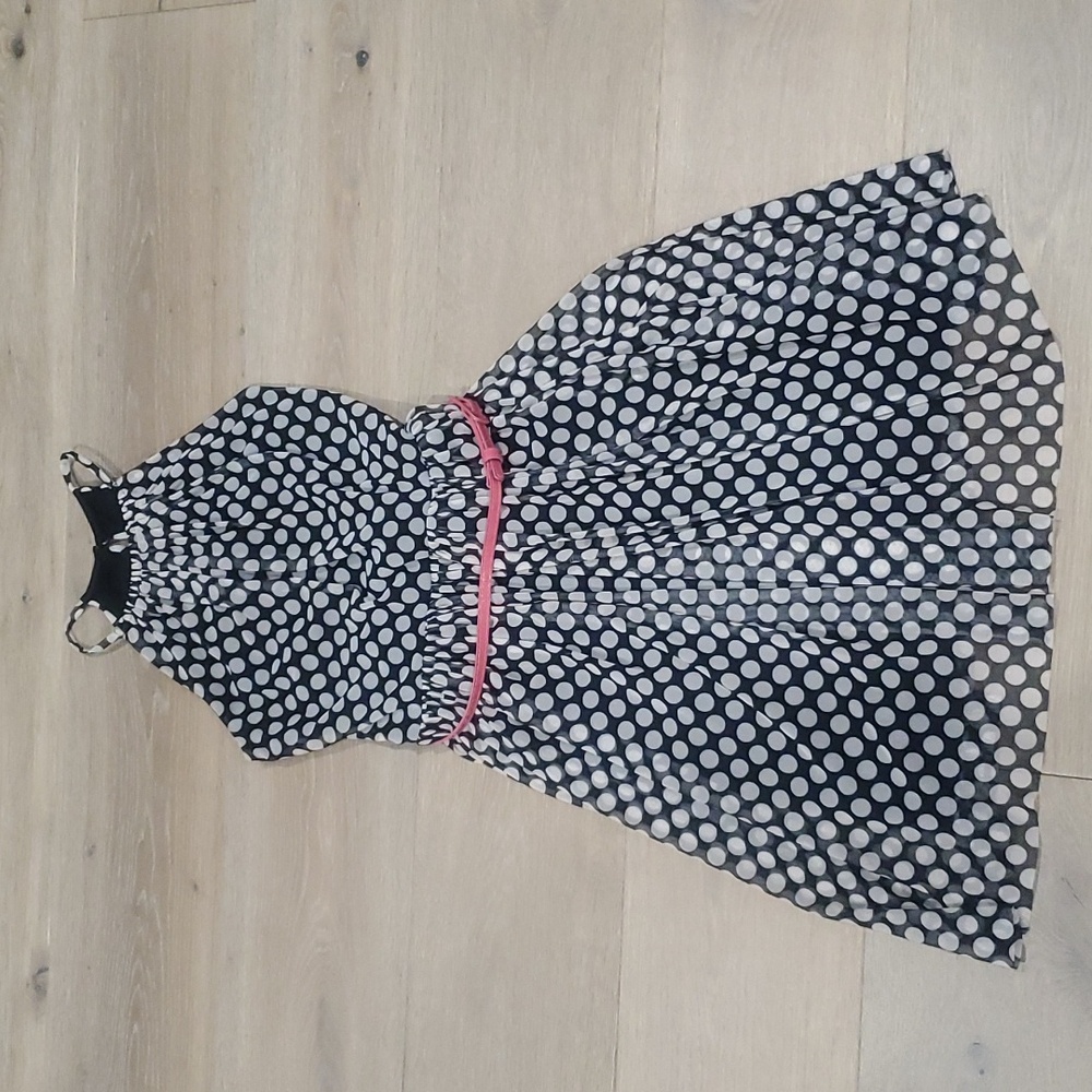 Maggy London Women's sz 8 Black white polka dot dress with pink belt